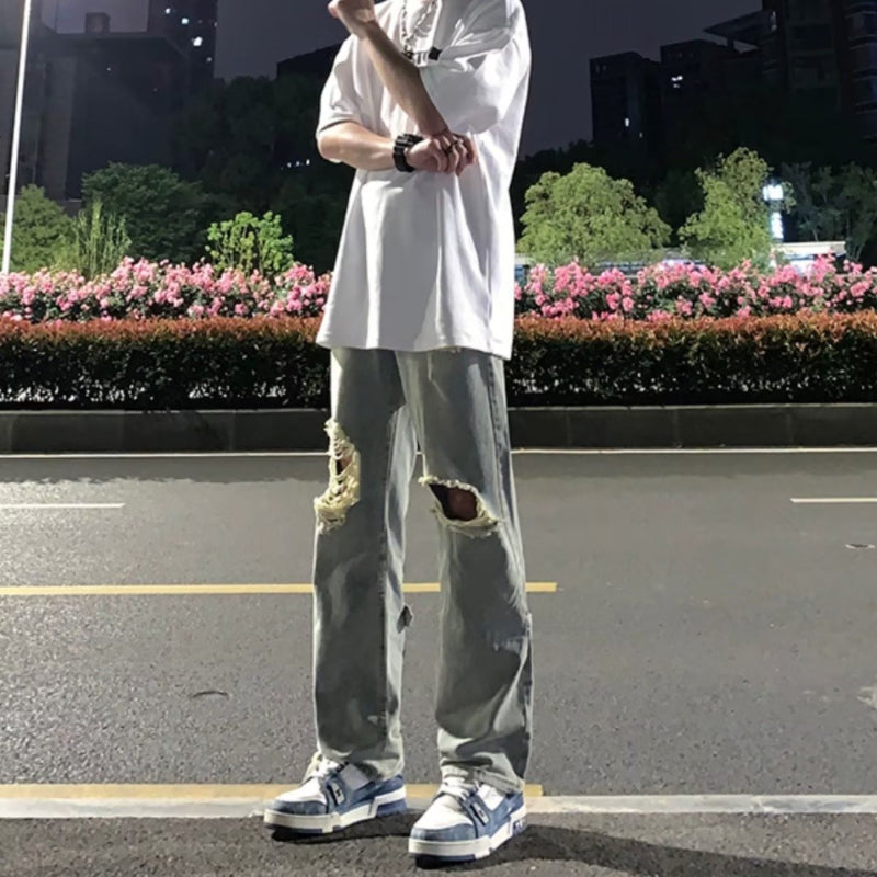 Men Jeans Black Ripped Jeans Summer Trousers Straight Bootcut Trousers