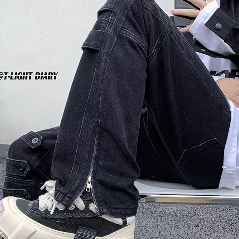 Men Jeans Skinny Jeans Zipper Split Straight-Leg Overalls
