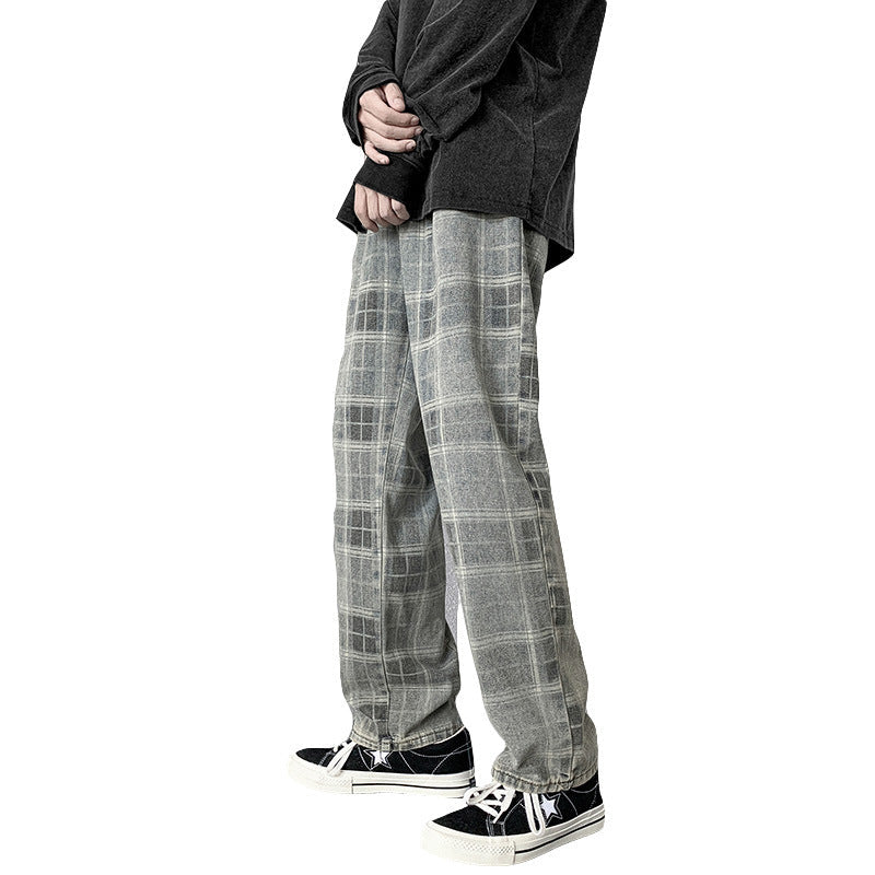 Men Jeans Autumn Plaid Worn Jeans Wide Leg Pants Loose Straight Trousers