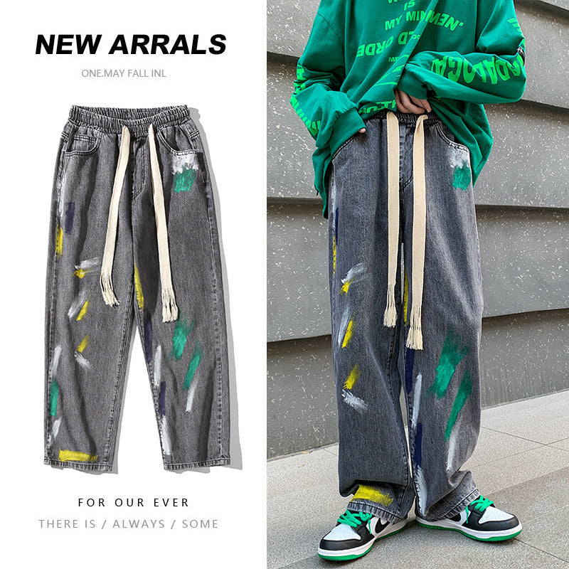 Men Jeans Graffiti Jeans Men's Spring and Autumn plus Size Hip Hop Wide-Leg Pants Straight Loose