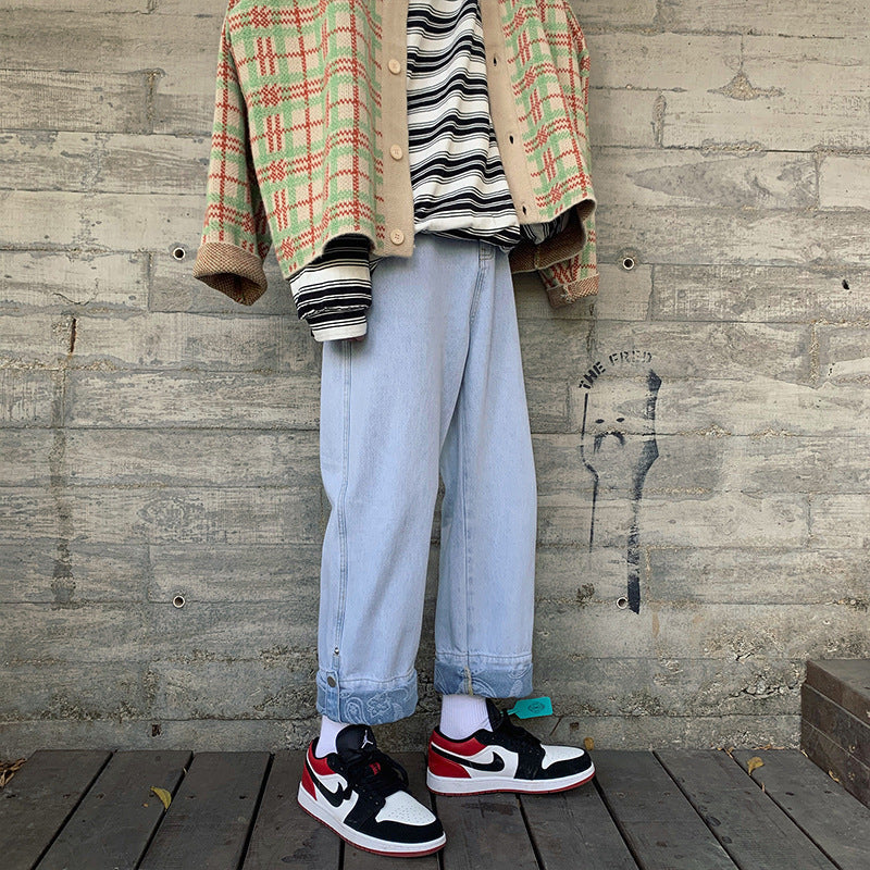 Men Jeans Autumn Vintage Jeans Men's Straight Loose Wide Leg Old Pants