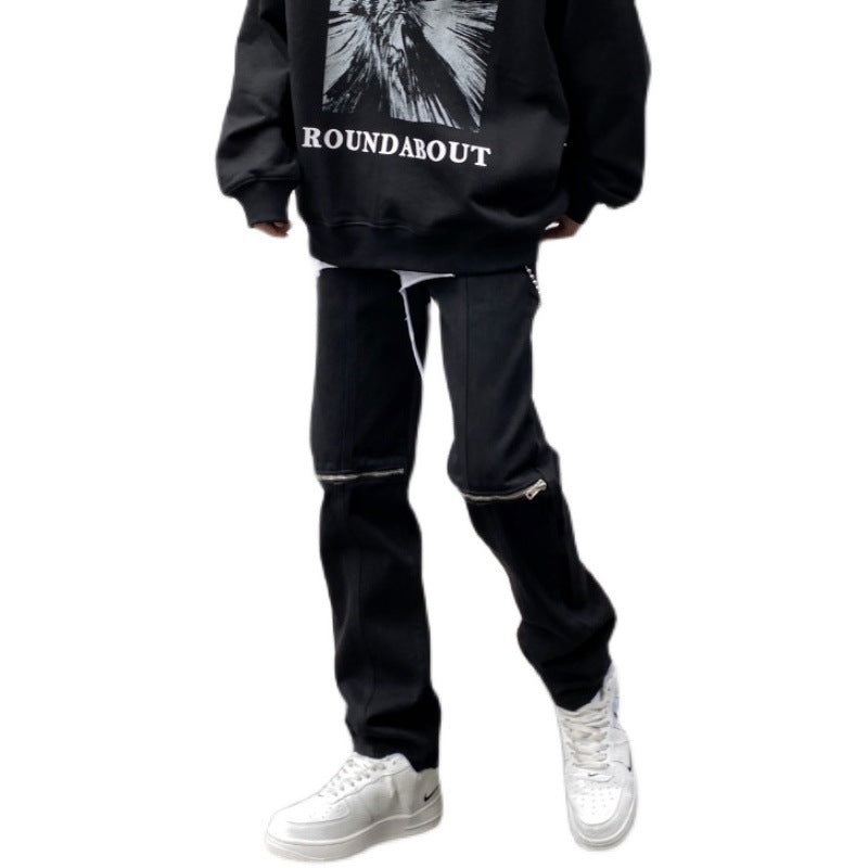 Men Jeans Vintage Black Knee Ripped Zipper Jeans