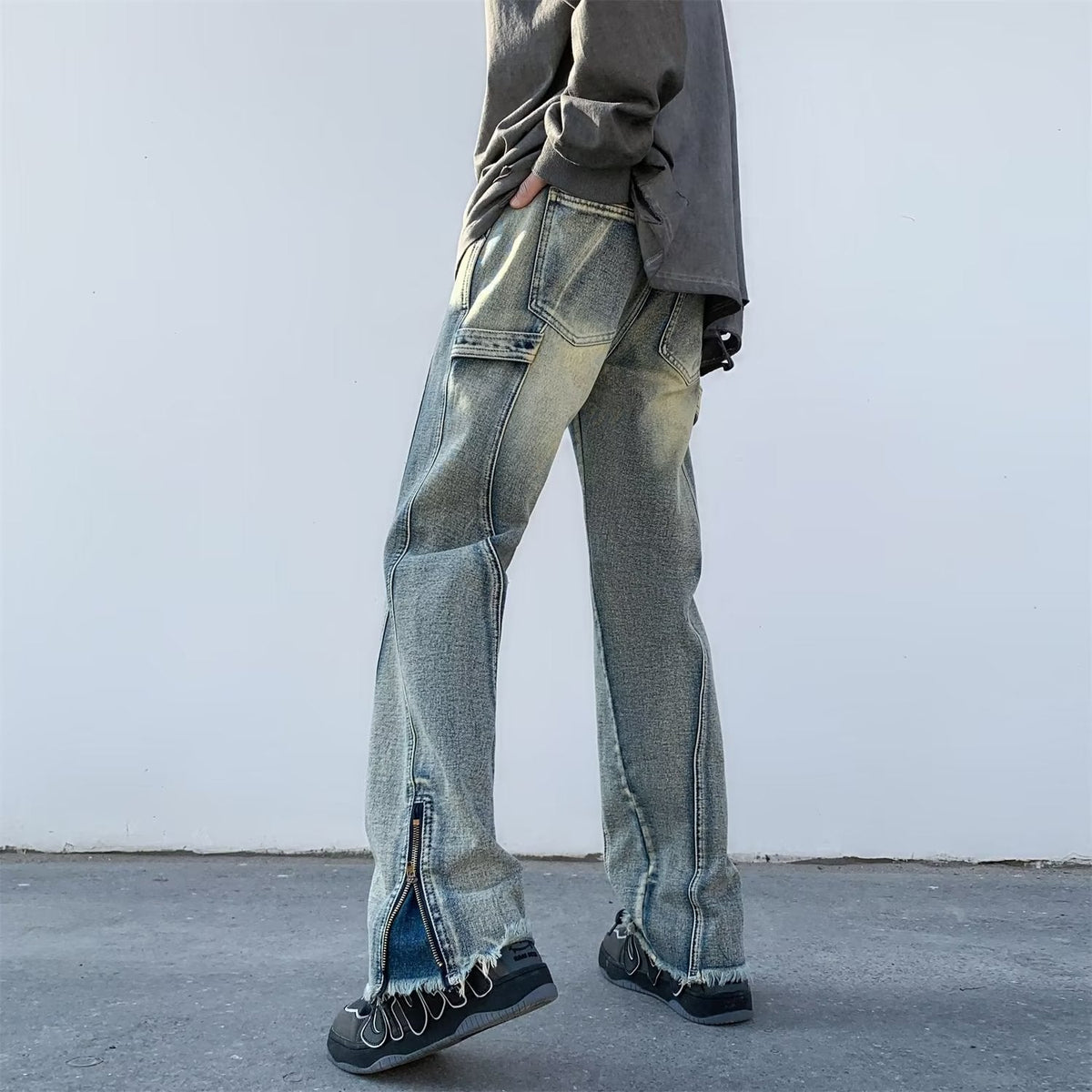 Men Jeans Oversize Zipper Jeans Summer Slim-Fit Micro Flared Pants