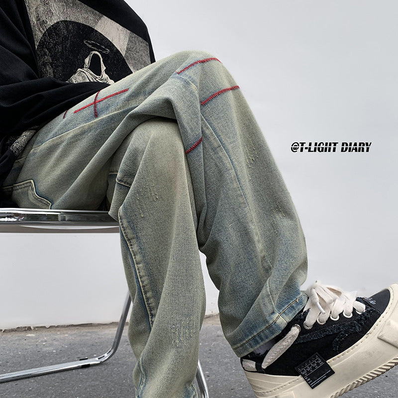 Men Jeans Washed Worn Jeans Men's Autumn and Winter Loose Wide Leg Pants Straight-Leg Pants