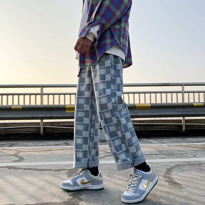 Men Jeans Chessboard Plaid Jeans Baggy Straight Trousers Wide Leg Pants