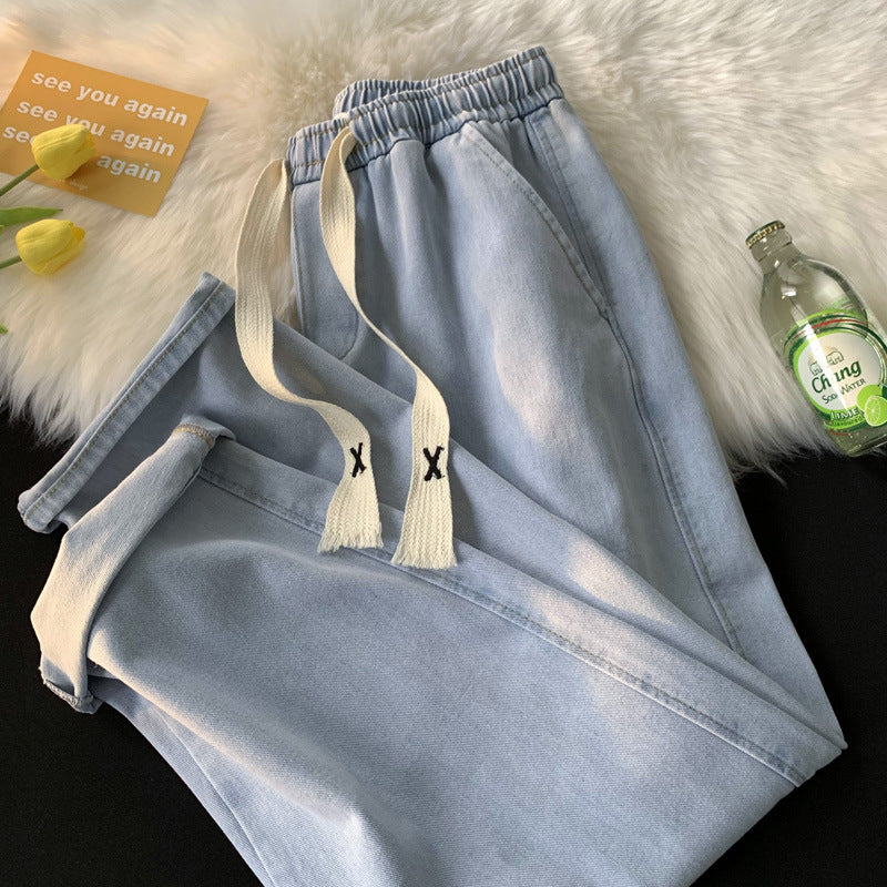 Men Jeans Straight Loose Summer Light Color Retro Casual Wide Leg Pants