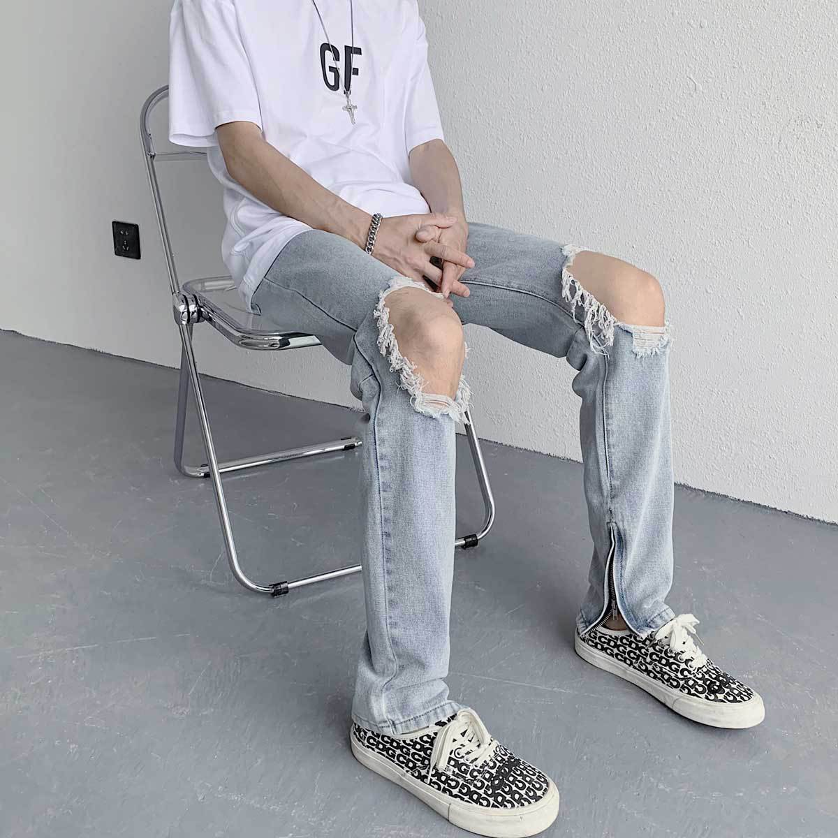 Men Jeans Ripped Jeans Men's Summer Loose Straight Wide Leg Pants