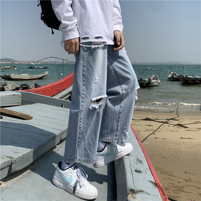 Men Jeans Ripped Jeans Men's Summer Vintage Straight Loose Wide Leg Pants
