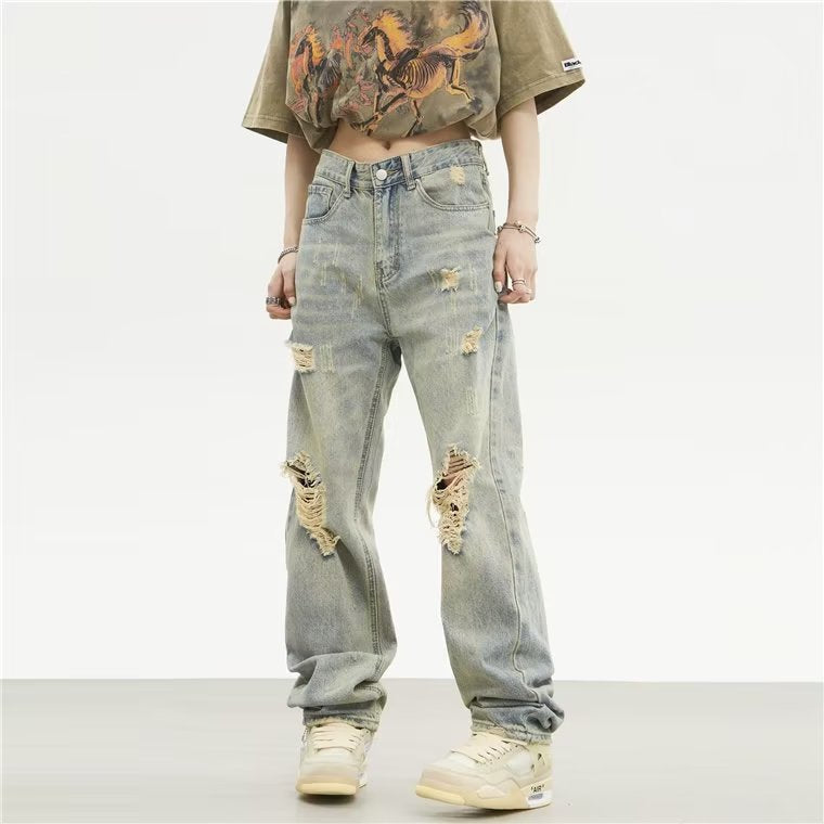 Men Jeans Retro Tattered Jeans Jeans Straight Loose Pants