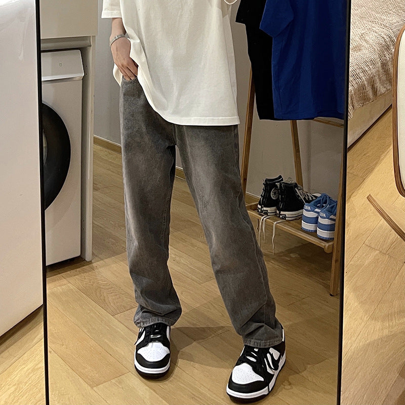 Men Jeans Spring Washed Casual Pants Distressed Straight Wide Leg Pants