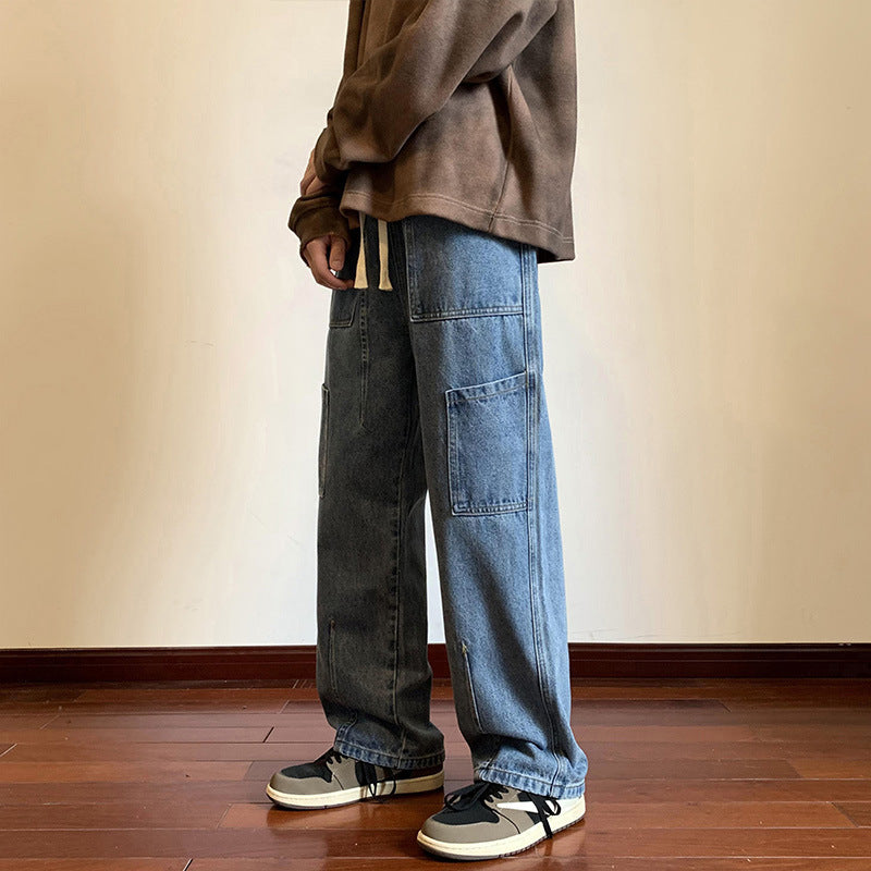 Men Jeans Retro Workwear Jeans Spring and Autumn Loose Wide-Leg Straight Trousers