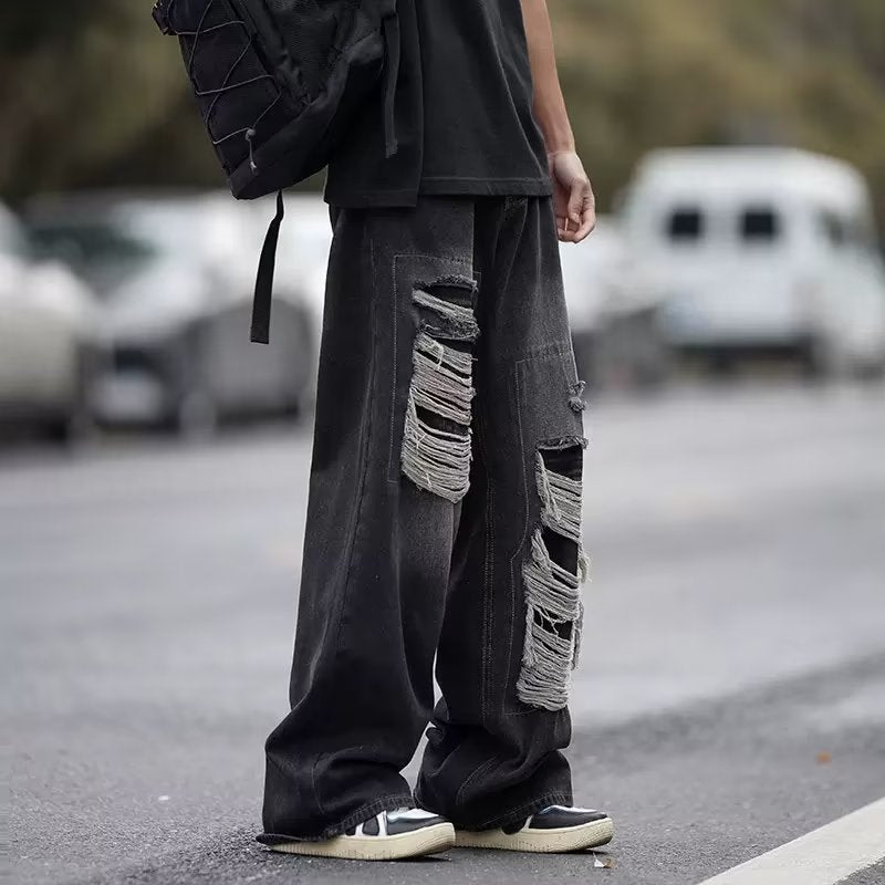 Men Jeans Retro Tattered Jeans Jeans Men's Summer Washed Distressed Loose Wide-Leg Straight Pants