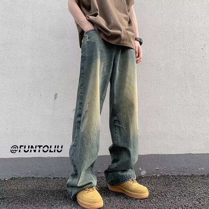 Men Jeans Washed Worn Jeans Loose Wide-Leg Straight Pants