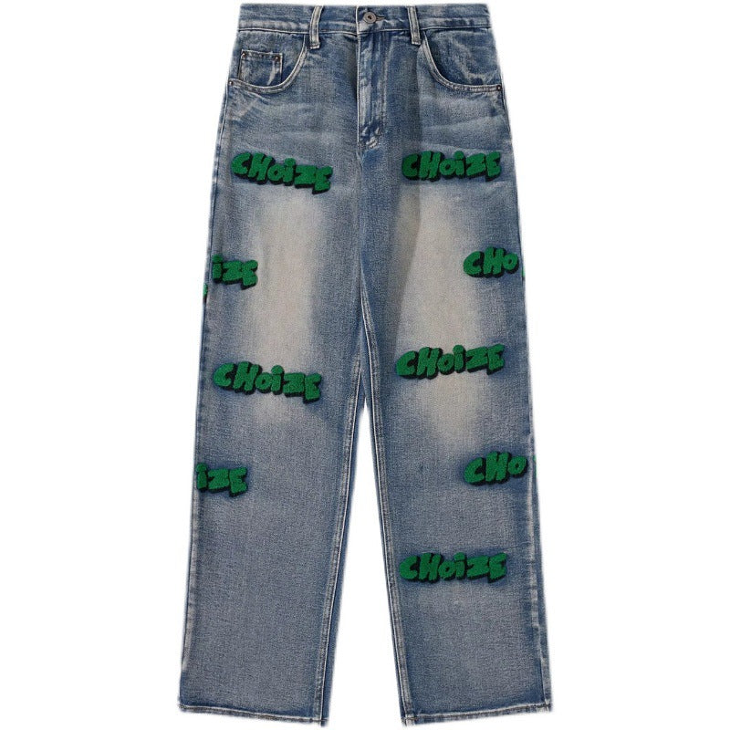 Men Jeans Letter Embroidered Jeans Hiohop Retro Washed Loose Trousers