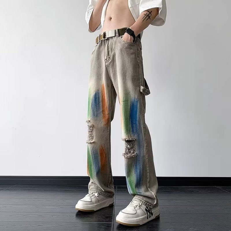 Men Jeans Vintage Inkjet Ribbon Ripped Jeans