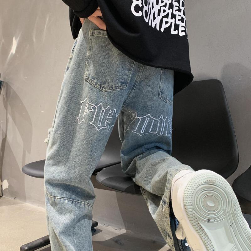 Men Jeans Ripped Jeans Men's Summer Letter Embroidery Slit Loose Straight Casual Trousers