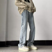 Men Jeans Washed Light Blue Jeans Slim-Fit Straight Trousers
