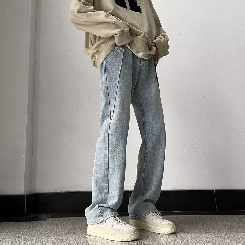 Men Jeans Washed Light Blue Jeans Slim-Fit Straight Trousers