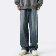 Men Jeans Loose Straight Casual Trousers Ancient Washed Distressed Wide-Leg Pants