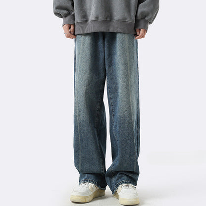 Men Jeans Loose Straight Casual Trousers Ancient Washed Distressed Wide-Leg Pants