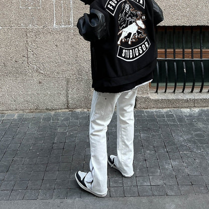 Men Jeans Zipper Slit Casual Pants Loose Straight Bootcut Pants