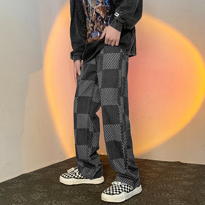 Men Jeans Chessboard Plaid Jeans Autumn Straight Wide-Leg Pants Retro Loose Trousers