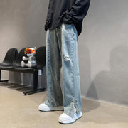 Men Jeans Ripped Jeans Men's Summer Letter Embroidery Slit Loose Straight Casual Trousers