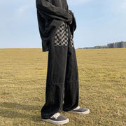 Men Jeans Retro Wide-Leg Pants Chessboard Plaid Jeans