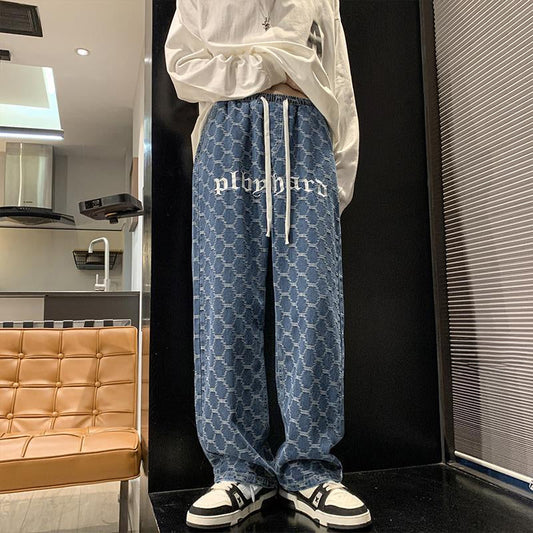 Men Jeans Vintage Embroidered Jeans Men's Autumn Loose Straight Wide-Leg Pants