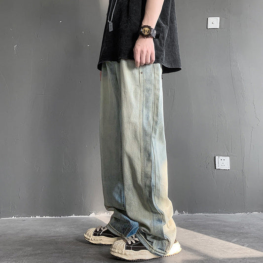 Men Jeans Retro Patchwork Jeans Men's Summer Straight-Leg Trousers