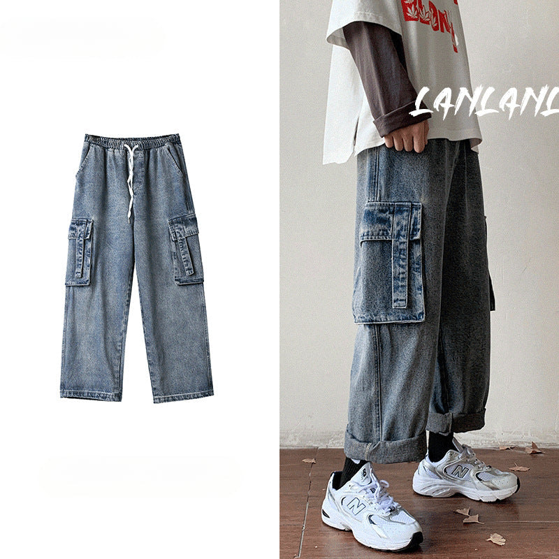 Men Jeans Cargo Jeans Men's Straight Loose Wide Leg Pants Retro Trousers