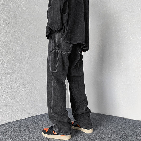 Men Jeans Vintage Hiphop Jeans Loose Straight Cargo Trousers Spring-Autumn Wide-Leg Pants