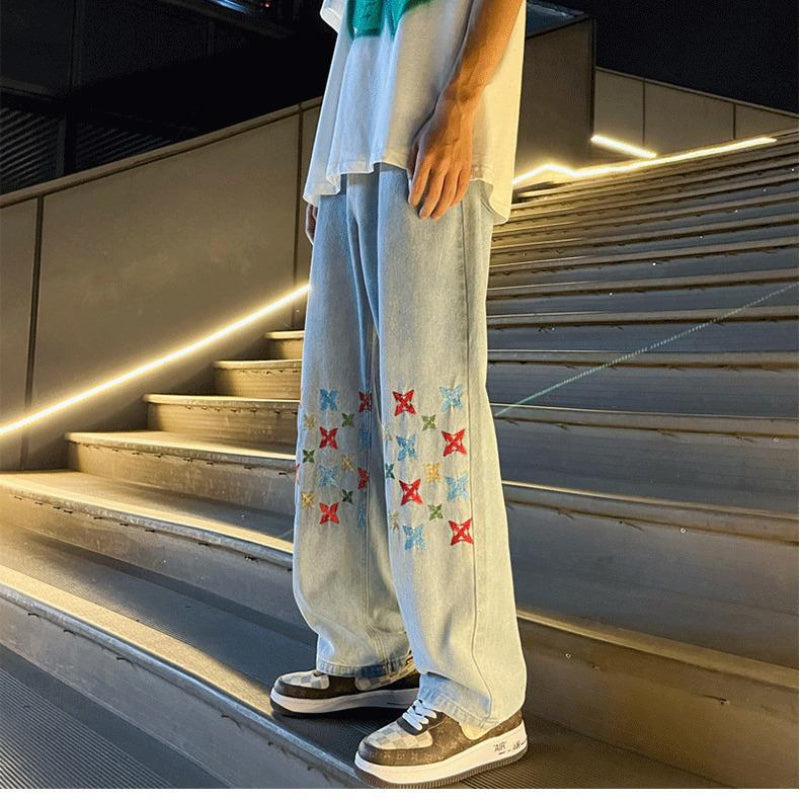 Men Jeans XINGX Embroidered Jeans Men's Loose Straight Oversize Casual Trousers
