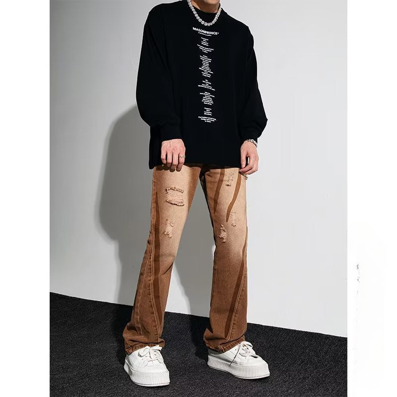 Men Jeans Retro Washed Distressed Loose Straight Hiphop Wide Leg Trousers