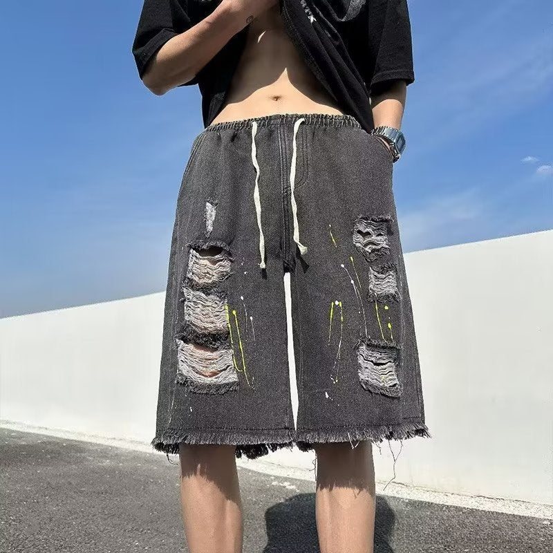 Men Jeans Ripped Denim Shorts Loose Casual Shorts