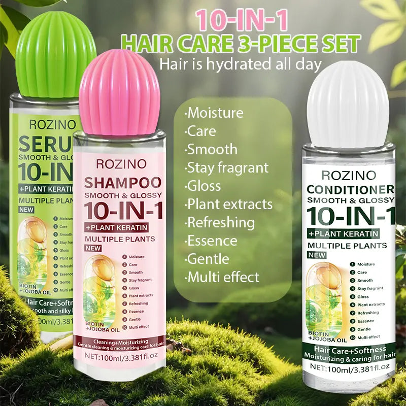 ROZINO 10-in-1 Hair Care Set - Shampoo, Conditioner & Serum (100ml) with Keratin & Jojoba Oil