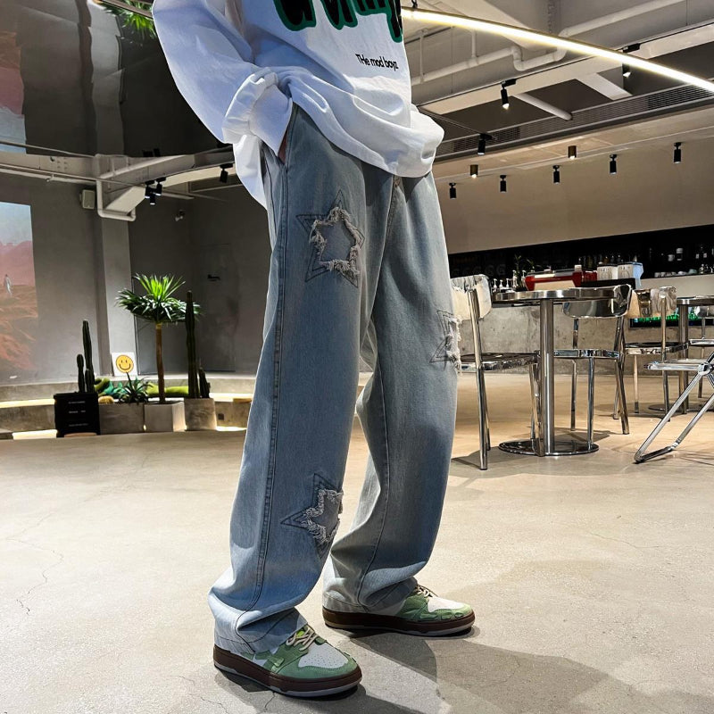 Men Jeans Summer Broken Loose Straight-Leg Wide-Leg Pants