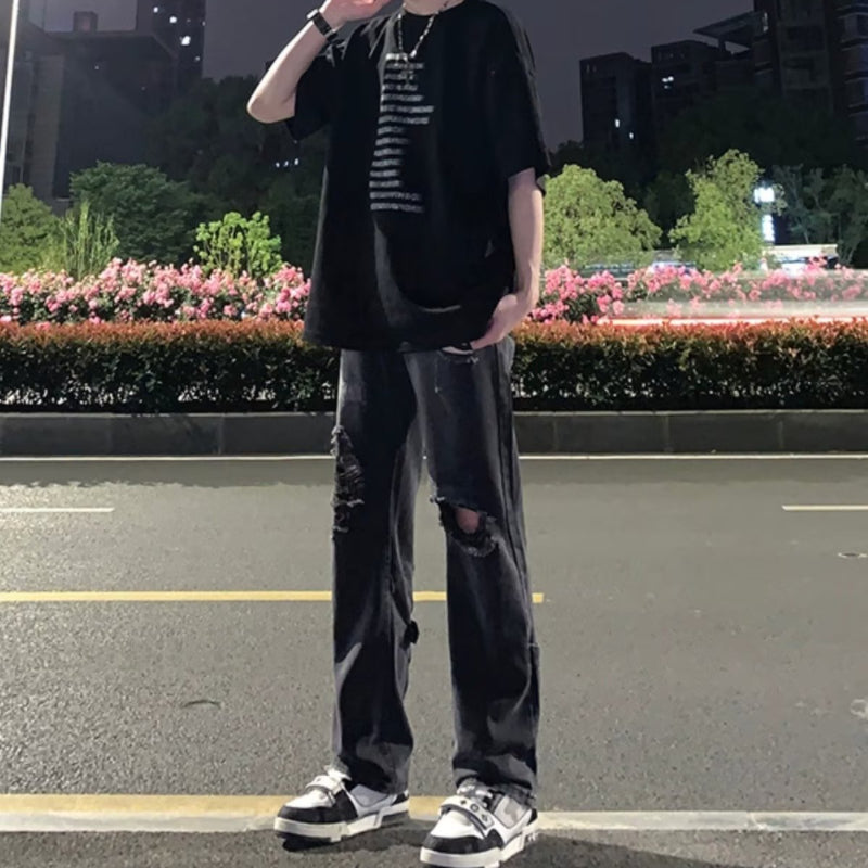 Men Jeans Black Ripped Jeans Summer Trousers Straight Bootcut Trousers
