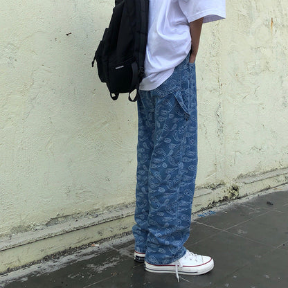 Men Jeans Embroidered Paisley Jeans Loose Retro Trousers