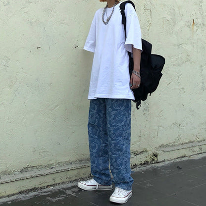 Men Jeans Embroidered Paisley Jeans Loose Retro Trousers