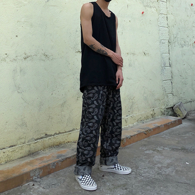 Men Jeans Embroidered Paisley Jeans Loose Retro Trousers