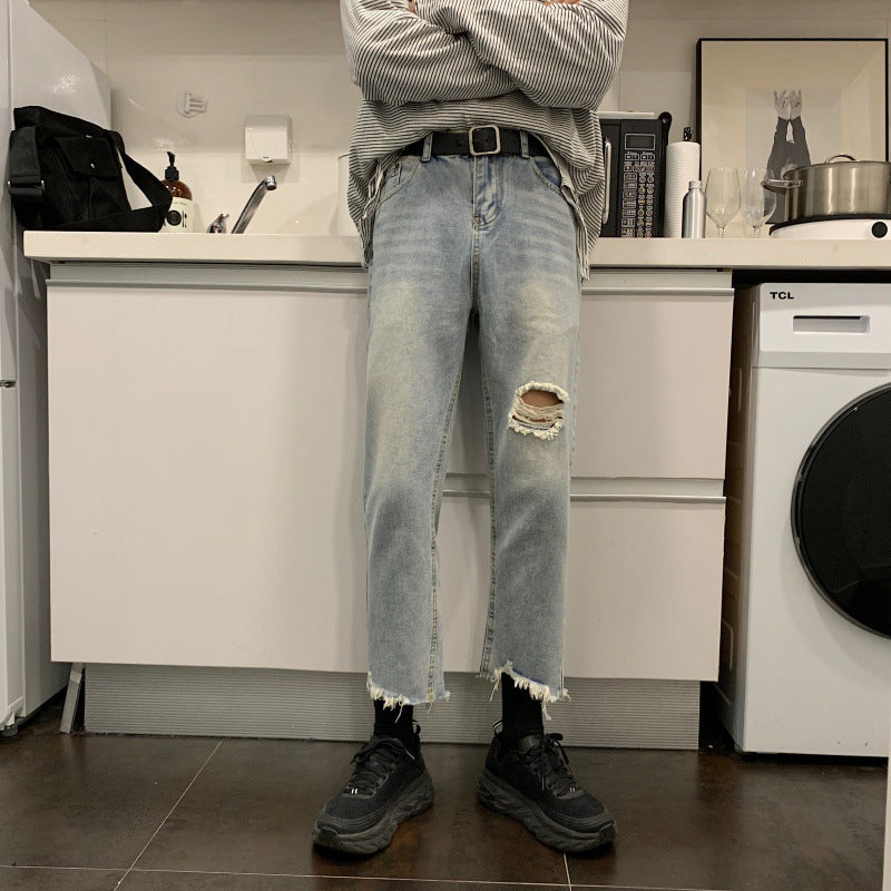 Men Jeans Spring/Summer Ripped Jeans Baggy Straight Trousers