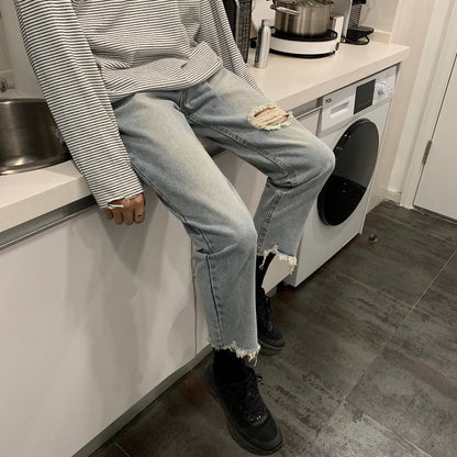 Men Jeans Spring and Summer Men's Ripped Jeans Wide-Leg Straight Pants