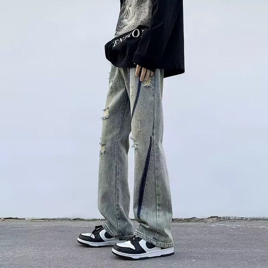Men Jeans Ripped Jeans Summer Washed Distressed Wide-Leg Straight Pants