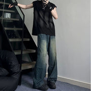 Men Jeans Dark Blue Vintage Jeans Straight Wide Leg Pants