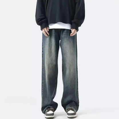 Men Jeans Summer Retro Casual Pants Washed Loose Straight-Leg Wide-Leg Pants