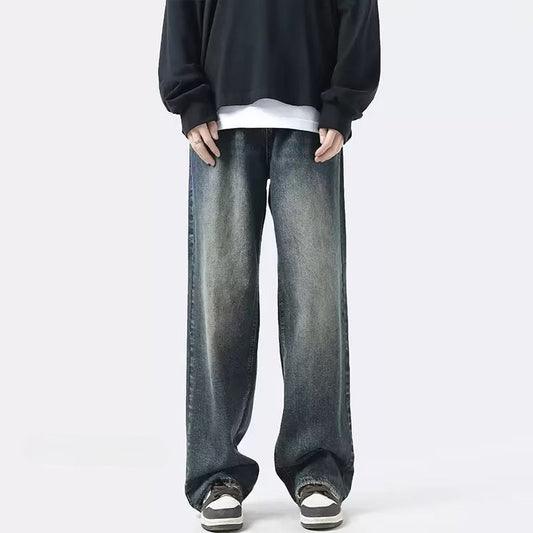 Men Jeans Summer Retro Casual Pants Washed Loose Straight-Leg Wide-Leg Pants
