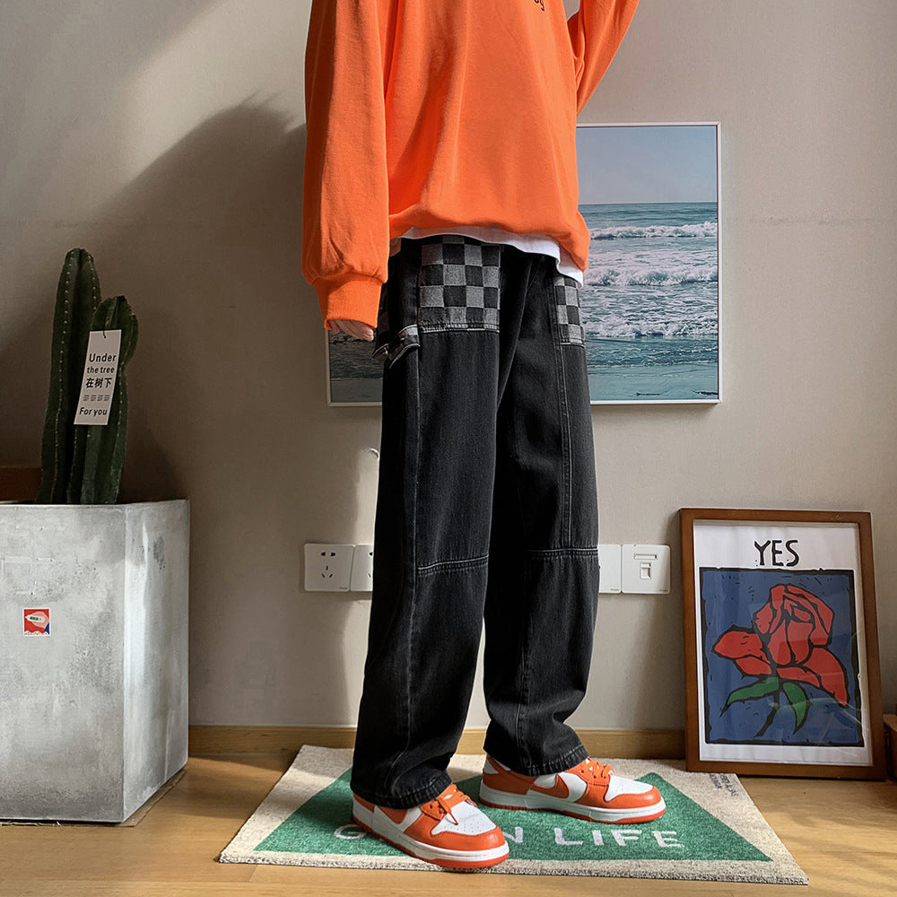 Men Jeans Checkered Vintage Jeans Men's Loose Straight Oversize Trousers