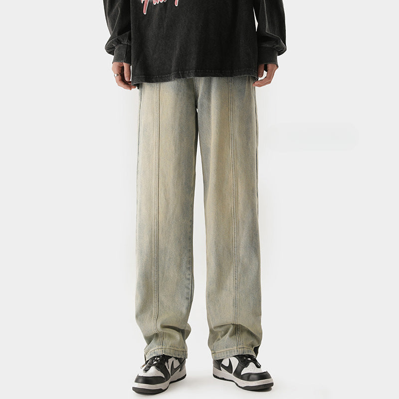 Men Jeans Retro Distressed Straight-Leg Pants Autumn Loose Casual Pants