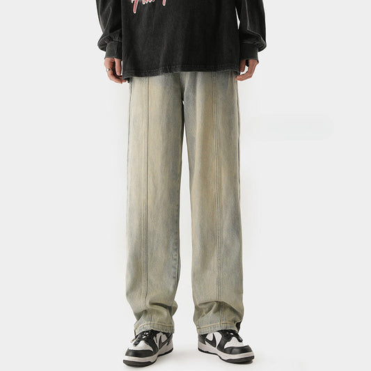 Men Jeans Retro Distressed Straight-Leg Pants Autumn Loose Casual Pants